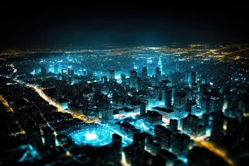 an illuminated cityscape viewed from above at night. Generative AI
