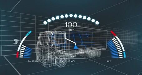Animation of speedometer data processing over 3d truck drawing - Powered by Adobe