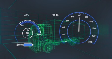 Animation of speedometer data processing over 3d truck drawing - Powered by Adobe