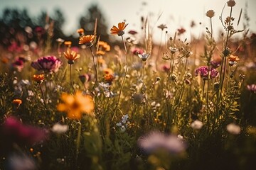 Sunny meadow with vibrant flowers and refreshing atmosphere for summer. Generative AI