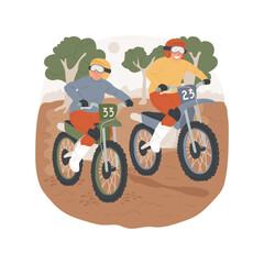 Naklejka premium Motocross isolated cartoon vector illustration. Group of active teenagers happy on a bike, guys holding helmet, extreme sport, dirt riding, enjoying motocross activity vector cartoon.