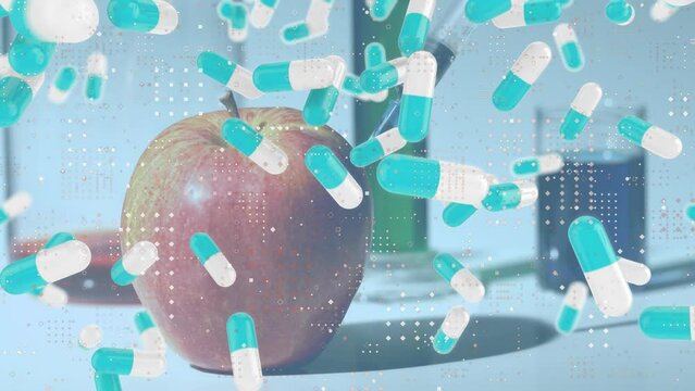 Animation of spots and falling pills over colourful liquids in beakers and apple