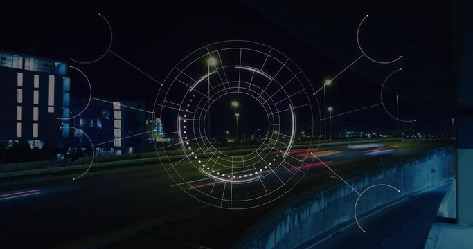 Animation of network of connections with scope scanning over cityscape