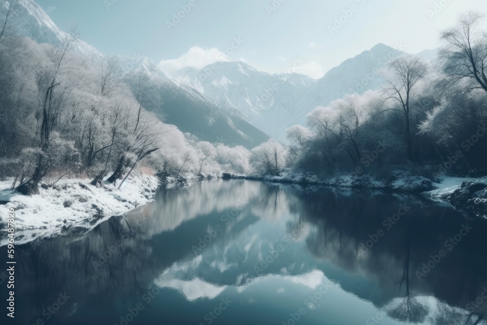Poster serene lake with snow-capped mountains and trees in the background. generative ai