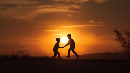 Silhouette of two children holding hand at the sunset. Generative AI illustration.