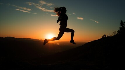 Silhouette of a woman running and jumping at the sunset in the mountains. Generative AI illustration.