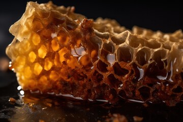 Stunning close-up of a honeycomb with golden honey dripping, highlighting its deliciousness and nutritional value. Created with generative A.I. technology.
