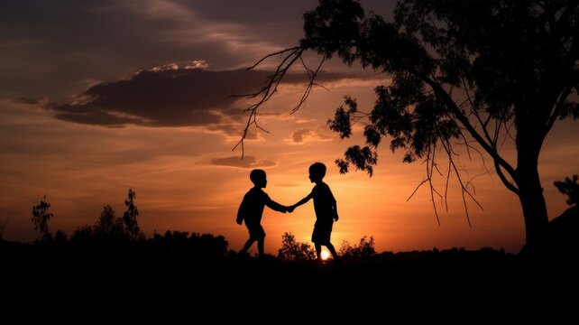 Silhouette of two children holding hand under a tree at the sunset. Generative AI illustration.