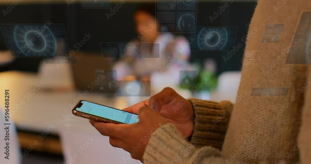 Poster animation of digital screens with data processing over biracial woman using smartphone