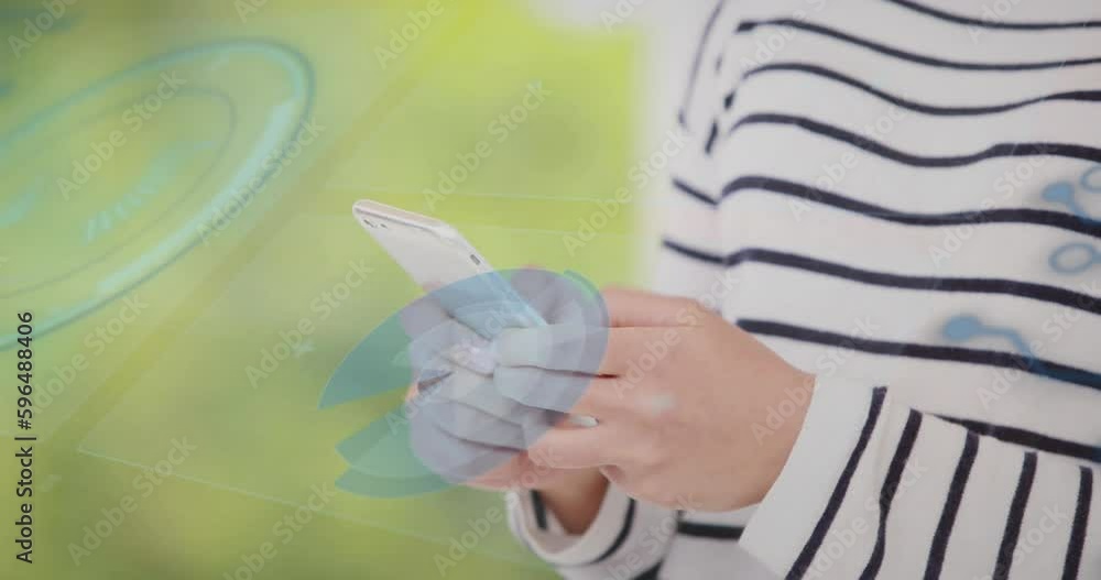 Poster animation of digital screens with data processing over caucasian woman using smartphone