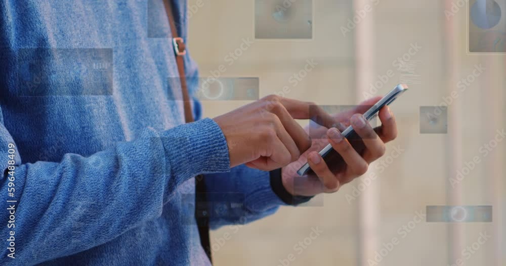 Poster animation of financial data processing over biracial man using smartphone