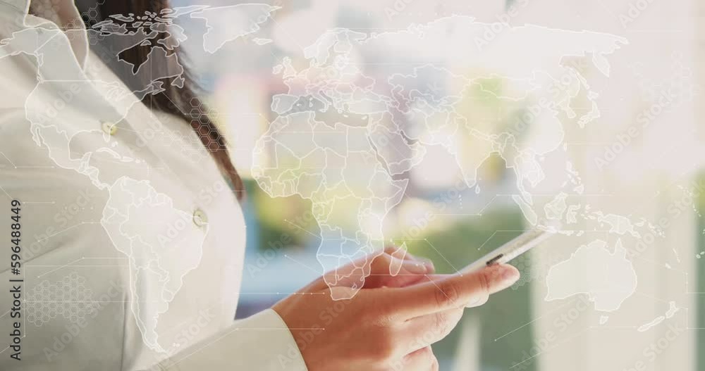 Poster animation of world map and data processing over asian businesswoman using smartphone in office