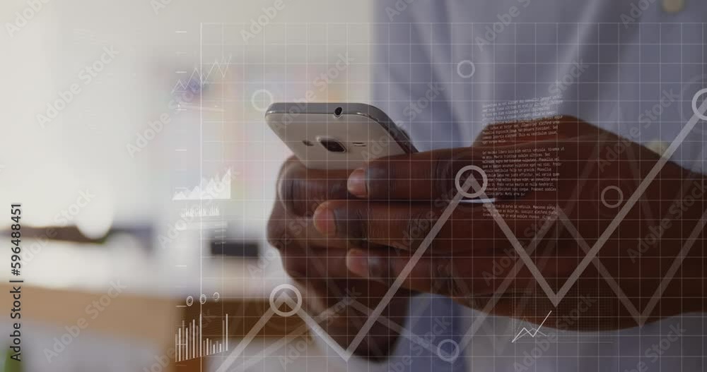 Poster animation of data processing over african american man using smartphone
