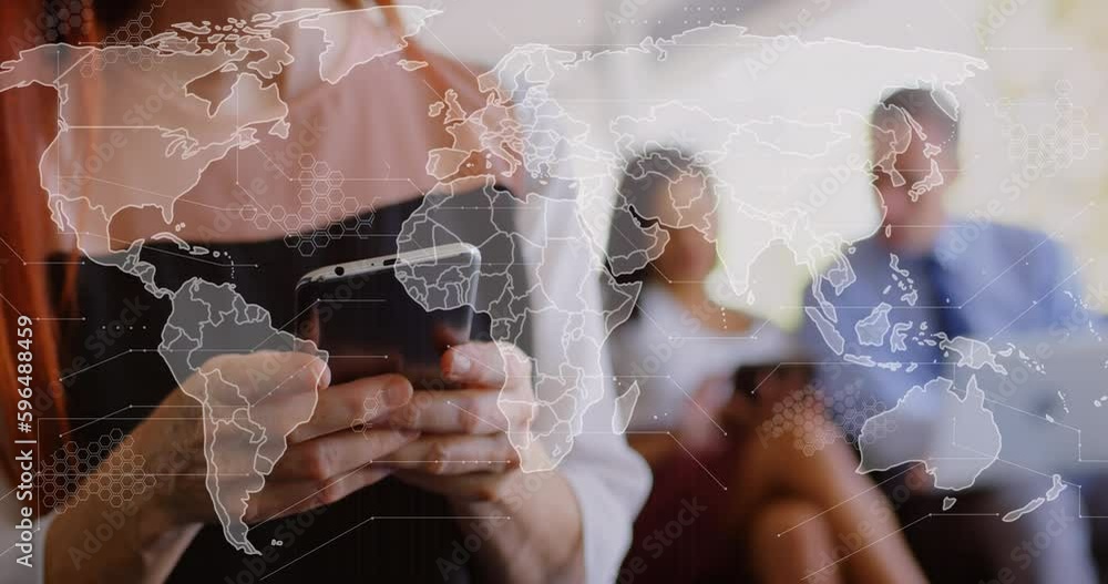 Poster animation of data processing and world map over caucasian woman using smartphone