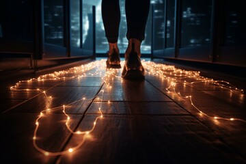 Feet on illuminated path, digital trace wallpaper. Generative AI