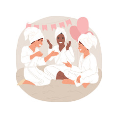 Spa theme party isolated cartoon vector illustration. Attractive girls having spa theme party, making cosmetic procedures, body care, friends laughing, balloons at home vector cartoon.