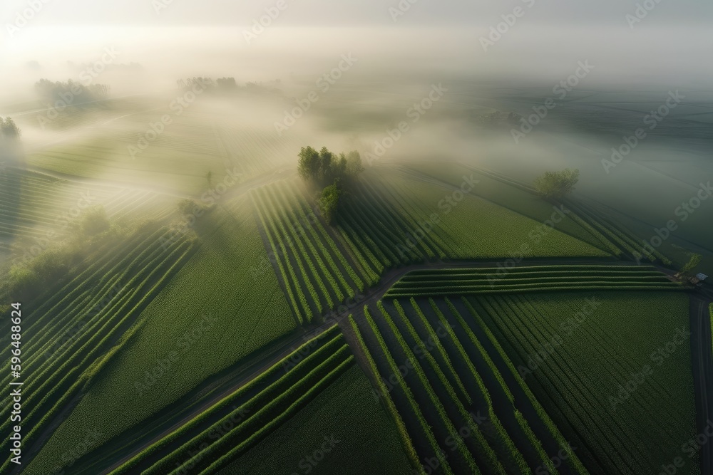 Aufkleber foggy field with trees seen from above. generative ai