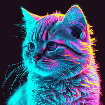 Explore the vibrancy of a day-glo colored cat kitten set against a mesmerizing vaporwave aesthetic background. A neon-colored feline in a captivating scene created using generative AI tools
