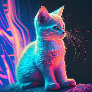 Explore the vibrancy of a day-glo colored cat kitten set against a mesmerizing vaporwave aesthetic background. A neon-colored feline in a captivating scene created using generative AI tools
