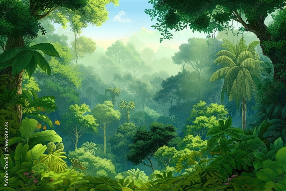 Poster dense forest with tall trees and abundant greenery. generative ai