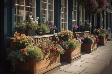 Fototapeta na wymiar Outdoor seating area with planters and blooming window boxes on a colorful street. Generative AI