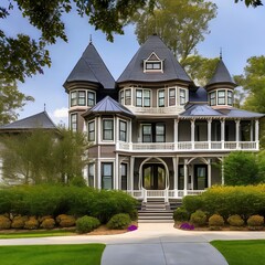 Fototapeta na wymiar 20 A Victorian-style mansion with decorative trim, turrets, and a wrap-around porch1, Generative AI
