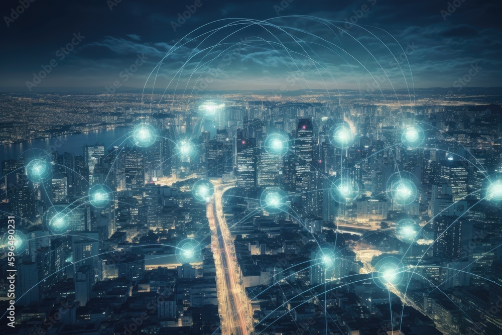 Poster futuristic cityscape with a network of interconnected glowing lights. generative ai