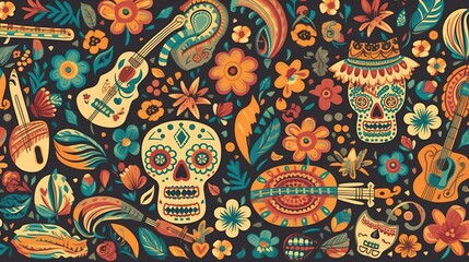  illustrations with design for Mexican holiday 5 may Cinco De Mayo.  Traditional Mexican symbols skull, Mexican guitar, flowers, red pepper. Generative AI