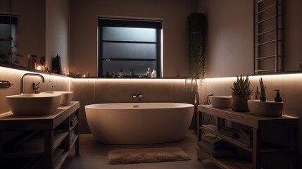 Naklejka na ściany i meble Modern calming bathroom with soft lighting. AI generated