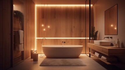 Fototapeta na wymiar Modern calming bathroom with soft lighting. AI generated