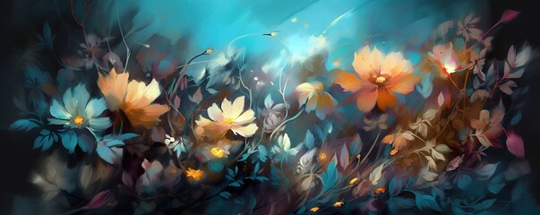 Fototapeta na wymiar Painted flower background over blue background. Generative AI