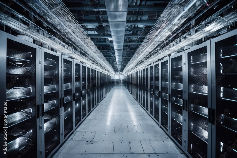 Poster data center with rows of servers and technicians working in the background. generative ai