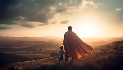 Back view of super dad holding his little boy hand at top of the hill watching the sunset. Generative AI - obrazy, fototapety, plakaty