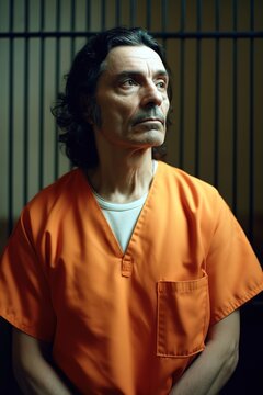 Portrait of mature man with traditional orange suit for prisoners in jail. Generative AI vertical shot