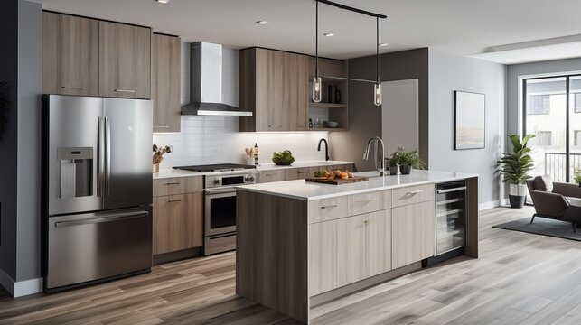 Sleek and modern kitchen with big kitchen island. AI generated