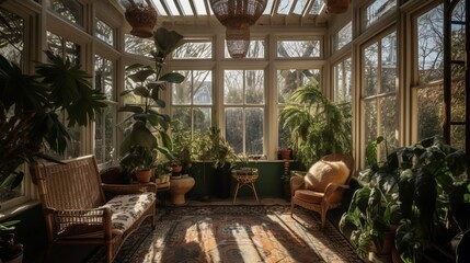 Winter garden with green plants. AI generated