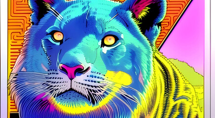 Illustrated lion and tiger looking serious, AI generated.