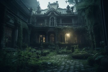 Eerie mansion teeming with eerie spirits. Generative AI