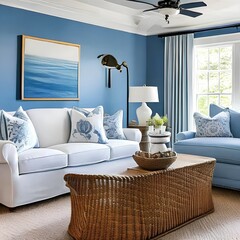 20 A cozy, coastal-style living room with a slipcovered sofa, blue and white decor, and seashell accents3, Generative AI