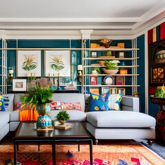 7 An eclectic living room with vintage pieces, bold patterns, and pops of color5, Generative AI