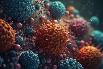 Naklejka na ściany i meble Closeup of various viruses including coronavirus, flu, hpv, and hiv. Illustration shows virus cells causing disease epidemics and pandemics. Generative AI
