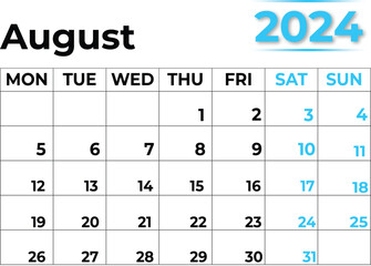 August 2024 calendar  with clean look