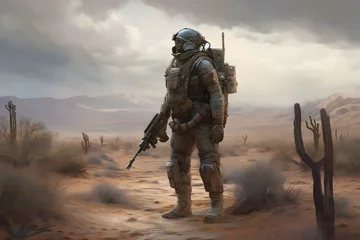 Tuinposter A modern soldier walking in an desert -- Generative AI © Hans