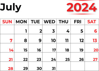 July 2024 calendar  with clean look