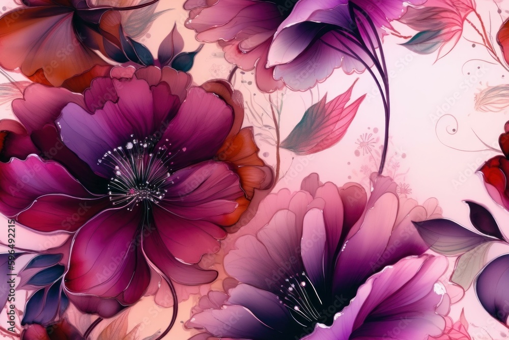 Wall mural abstract watercolor floral pattern in combination of pink and purple colors, background. magenta sha