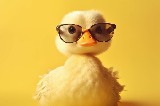 Funny cute duck in sunglasses with happy emotion. AI generated, human enhanced
