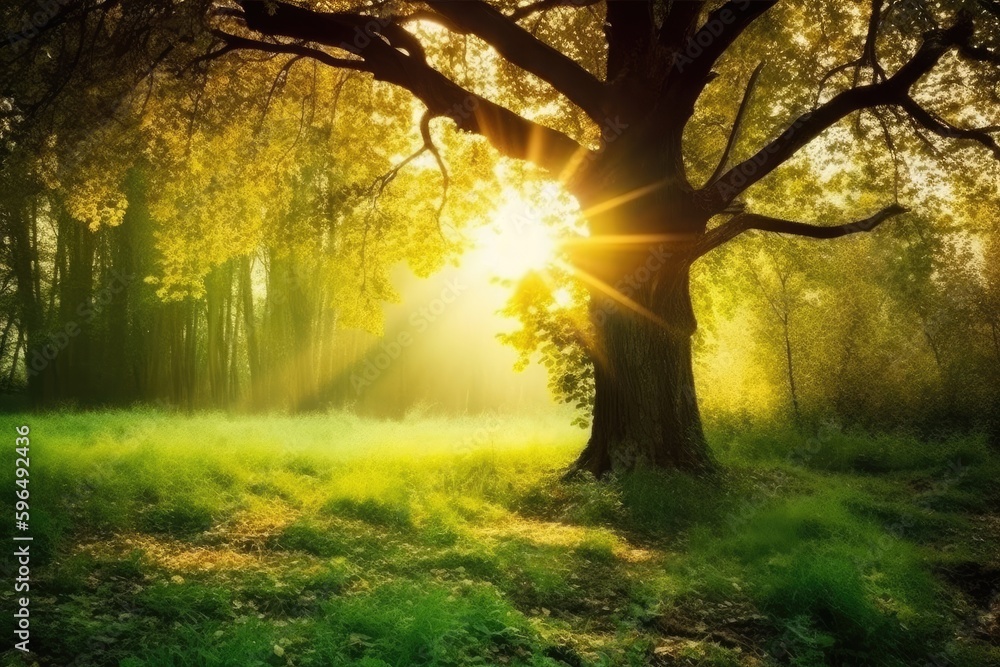 Poster sunlight filtering through lush trees in a dense forest. generative ai