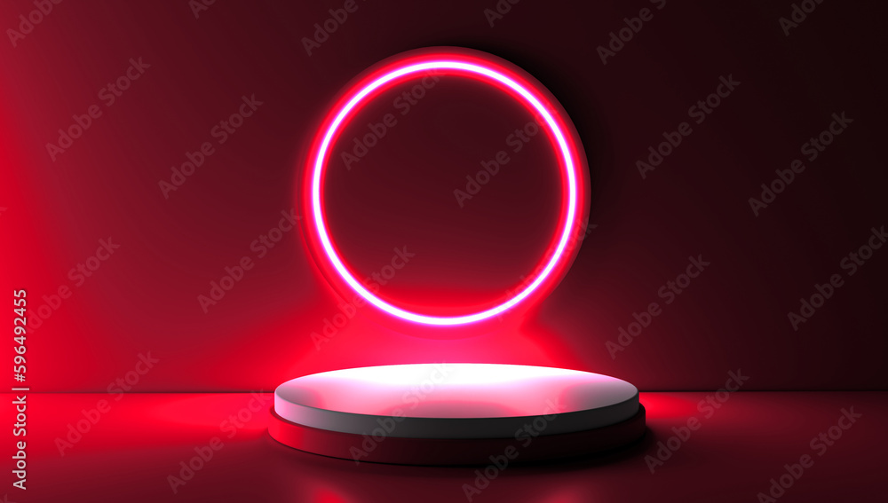 Poster red realistic 3d cylinder stand podium with glowing neon in circle shape. abstract 3d rendering geom