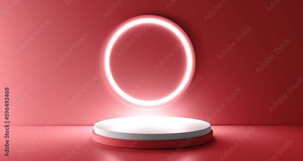 Poster red realistic 3d cylinder stand podium with glowing neon in circle shape. abstract 3d rendering geom