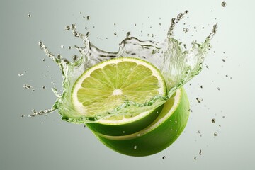 A white isolated image of a lime juice splash with lime. Related to healthy food, balanced diet, and liquid template design. 3D illustration. Generative AI